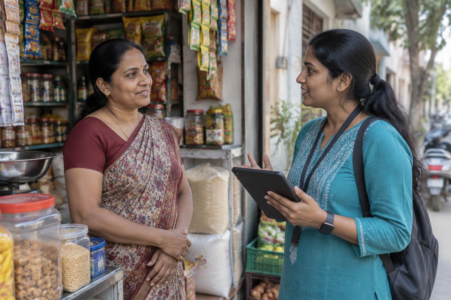 Field researcher conducting a tablet-assisted interview